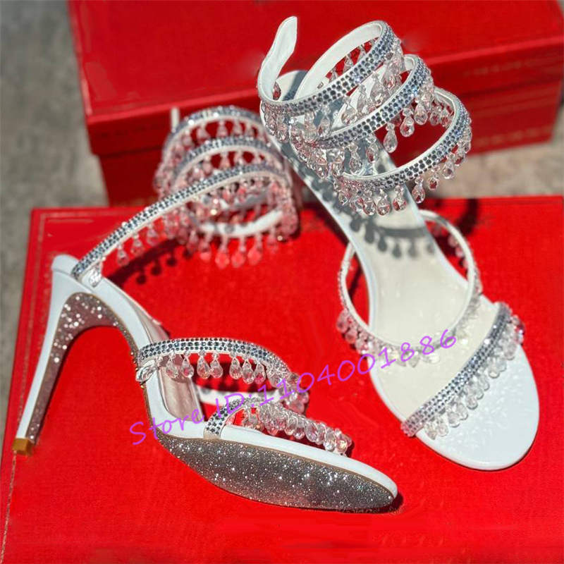 Strappy Heeled Sandals - Rhinestone Snake Shape Ankle Strappy Sandals