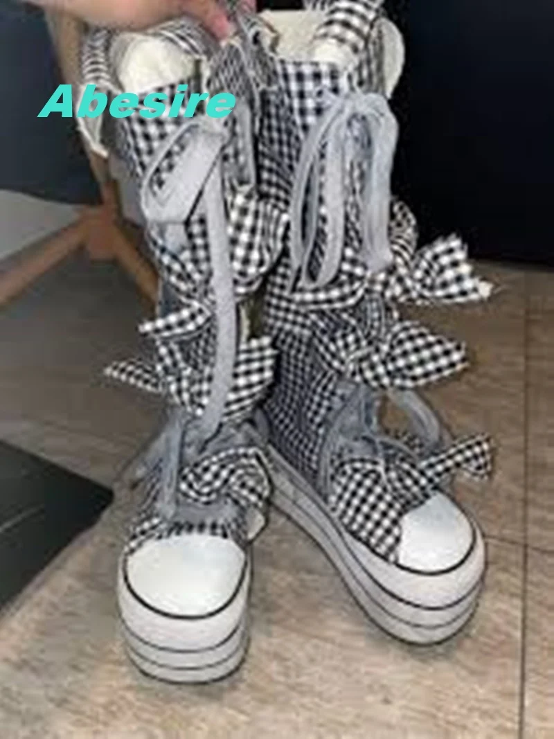 Women'S Shoes Y2K - Black and White Checkered Platform Knee