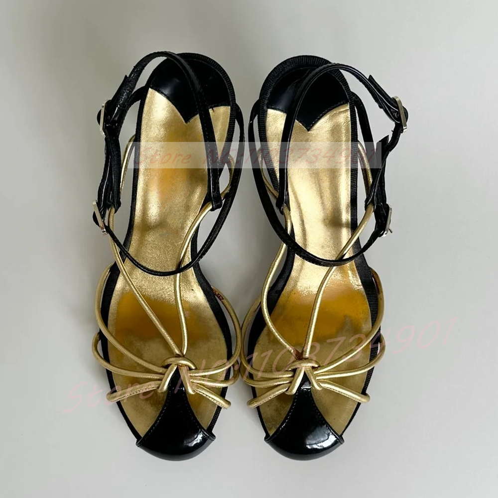 Strappy Heeled Sandals - Gold Caged Strappy Knot Sandals Women